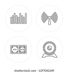 4 line  , Wall socket, Connection, Web camera modern icons on round shapes,  , Wall socket, Connection, Web camera vector illustration, trendy linear icon set.
