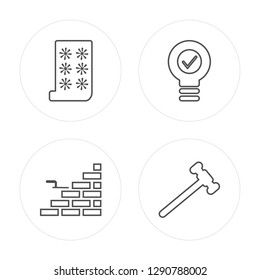 4 line Wallpaper, Brick wall, Light bulb, Hammer modern icons on round shapes, Wallpaper, Brick wall, Light bulb, Hammer vector illustration, trendy linear icon set.