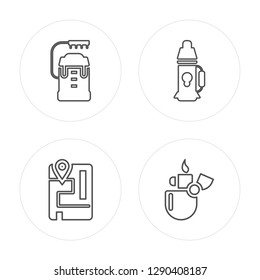 4 line Water, Map, Flask, Lighter modern icons on round shapes, Water, Map, Flask, Lighter vector illustration, trendy linear icon set.
