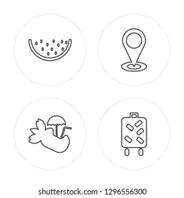 4 line Watermelon, Coconut, Map, Suitcase modern icons on round shapes, Watermelon, Coconut, Map, Suitcase vector illustration, trendy linear icon set.