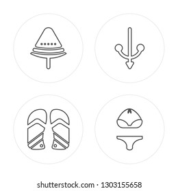 4 line Watermelon, Flip flops, Anchor, Bikini modern icons on round shapes, Watermelon, Flip flops, Anchor, Bikini vector illustration, trendy linear icon set.