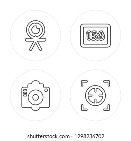 4 line Webcam, Old Camera, Camera Big Screen Size, Focus modern icons on round shapes, Webcam, Old Camera, Camera Big Screen Size, Focus vector illustration, trendy linear icon set.