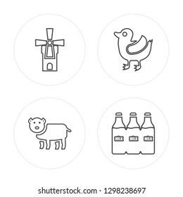 4 line Windmill, Pig, Duck, Milk jar modern icons on round shapes, Windmill, Pig, Duck, Milk jar vector illustration, trendy linear icon set.