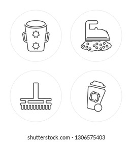 4 line Wiping trash can, Wiping brush, Wiping iron modern icons on round shapes,Wiping iron, Wiping trash container vector illustration, trendy linear icon set.