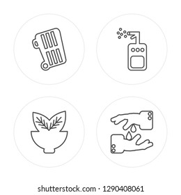 4 line Wiping trash, Leaves, Wiping sprayer tool, Washing hand modern icons on round shapes, Wiping trash, Leaves, Wiping sprayer tool, Washing hand vector illustration, trendy linear icon set.