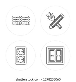 4 line Wire, Socket, Pencil, Switch modern icons on round shapes, Wire, Socket, Pencil, Switch vector illustration, trendy linear icon set.