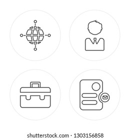 4 line Worldwide, Briefcase, User, Stationery modern icons on round shapes, Worldwide, Briefcase, User, Stationery vector illustration, trendy linear icon set.