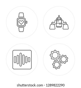 4 line Wristwatch, Speech, Shop assistant, Machine modern icons on round shapes, Wristwatch, Speech, Shop assistant, Machine vector illustration, trendy linear icon set.