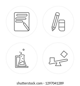 4 line Writing, Flask, School material, Physics modern icons on round shapes, Writing, Flask, School material, Physics vector illustration, trendy linear icon set.