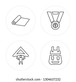4 line Yoga mat, Hang glider, Medal, Backpack modern icons on round shapes, Yoga mat, Hang glider, Medal, Backpack vector illustration, trendy linear icon set.