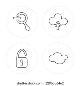 4 line Zoom out, Unlock, Upload, Cloud modern icons on round shapes, Zoom out, Unlock, Upload, Cloud vector illustration, trendy linear icon set.
