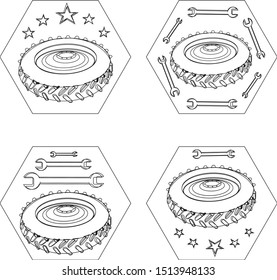 4 linear 3D logos with the image of a tire, wrench and stars for tire fitting. Sloppy lines in vector format. Hand drawing imitation.