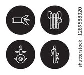 4 linear vector icon set : Torpedo, Submarine Front View, Time Bomb with Clock isolated on black background, Torpedo, Submarine Front View, Time Bomb with Clock outline icons