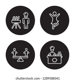 4 linear vector icon set : Barbeque, Balancing, Ballerina, Baking isolated on black background, Barbeque, Balancing, Ballerina, Baking outline icons