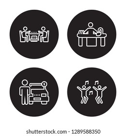 4 linear vector icon set : Dominoes, Dealer, Dish Washing, Dancing isolated on black background, Dominoes, Dealer, Dish Washing, Dancing outline icons