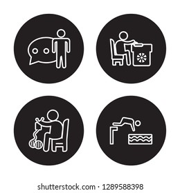4 linear vector icon set : Language, Knitting, Lace making, Jumping to the water isolated on black background, Language, Knitting, Lace making, Jumping to the water outline icons
