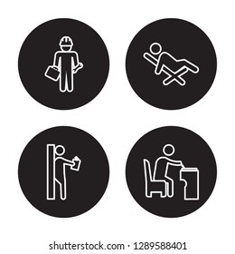 4 linear vector icon set : Repairing, Reading, Relaxing, Quilt isolated on black background, Repairing, Reading, Relaxing, Quilt outline icons