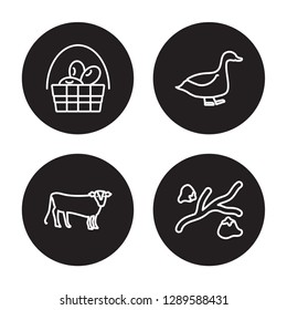 4 linear vector icon set : Egg, Cow, Duck, Cotton isolated on black background, Egg, Cow, Duck, Cotton outline icons