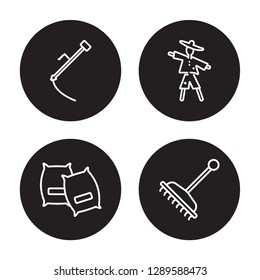 4 linear vector icon set : Scythe, Sack, Scarecrow, Rake isolated on black background, Scythe, Sack, Scarecrow, Rake outline icons