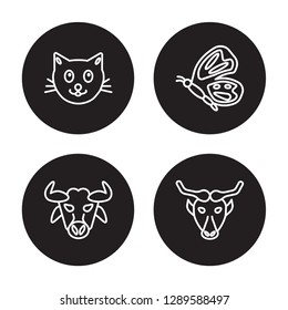 4 linear vector icon set : Cat, Bull, Butterfly, Buffalo isolated on black background, Cat, Bull, Butterfly, Buffalo outline icons
