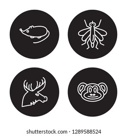 4 linear vector icon set : Mouse, Moose, Mosquito, Monkey isolated on black background, Mouse, Moose, Mosquito, Monkey outline icons