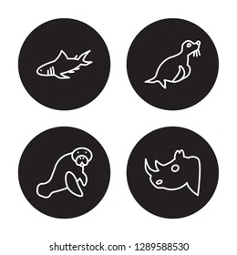 4 linear vector icon set : Shark, Sea cow, Seal, Rhino isolated on black background, Shark, Sea cow, Seal, Rhino outline icons