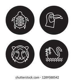 4 linear vector icon set : Turtle, Tiger, Toucan, Swan isolated on black background, Turtle, Tiger, Toucan, Swan outline icons