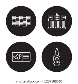 4 linear vector icon set : Brickwall, Boarding pass, Brandenburg, Big ben isolated on black background, Brickwall, Boarding pass, Brandenburg, Big ben outline icons