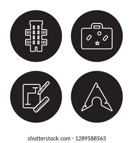 4 linear vector icon set : Balcony, Architecture, Baggage, Arch isolated on black background, Balcony, Architecture, Baggage, Arch outline icons