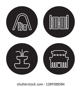 4 linear vector icon set : Gateway arch, Fountain, Gate, Forbidden city isolated on black background, Gateway arch, Fountain, Gate, Forbidden city outline icons