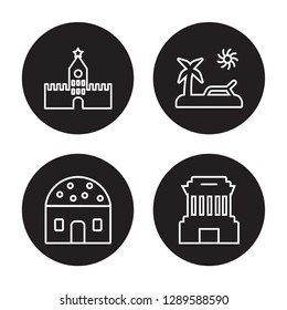 4 linear vector icon set : Kremlin, Hut, Island, Ho chi minh mausoleum isolated on black background, Kremlin, Hut, Island, Ho chi minh mausoleum outline icons