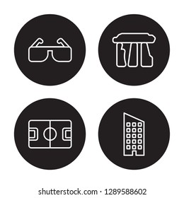 4 linear vector icon set : Sunglasses, Stadium, Stonehenge, Skyscraper isolated on black background, Sunglasses, Stadium, Stonehenge, Skyscraper outline icons