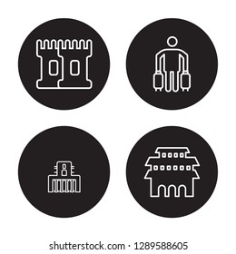 4 linear vector icon set : Tower, Temple of the frescoes, Tourist, Temple of heaven isolated on black background, Tower, Temple of the frescoes, Tourist, Temple of heaven outline icons