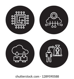 4 linear vector icon set : Cpu, Cloud computing, Cloud Intelligence, Cloning isolated on black background, Cpu, Cloud computing, Cloud Intelligence, Cloning outline icons