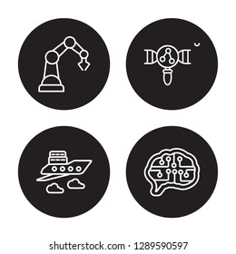 4 linear vector icon set : Industrial robot, fyling Vehicle, Genetic modification isolated on black background, Industrial robot, fyling Vehicle, Genetic modification outline icons