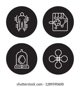 4 linear vector icon set : Exoskeleton, Egg incubator, Evaluation, Drone isolated on black background, Exoskeleton, Egg incubator, Evaluation, Drone outline icons