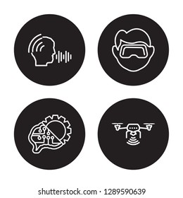 4 linear vector icon set : Voice recognition, Unsupervised learning, Virtual reality isolated on black background, Voice recognition, Unsupervised learning, Virtual reality outline icons