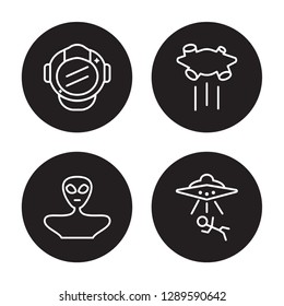 4 linear vector icon set : astranaut helmet, Alien, Asteroid, Abduction isolated on black background, astranaut helmet, Alien, Asteroid, Abduction outline icons