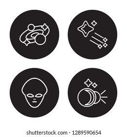 4 linear vector icon set : Galaxy, Extraterrestrial, Falling star, Eclipse isolated on black background, Galaxy, Extraterrestrial, Falling star, Eclipse outline icons