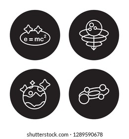 4 linear vector icon set : Relativity, Pluto, Quasar, Planets isolated on black background, Relativity, Pluto, Quasar, Planets outline icons