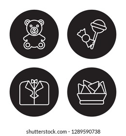 4 linear vector icon set : Teddy bear, Suit, Sweet, Snack isolated on black background, Teddy bear, Suit, Sweet, Snack outline icons