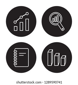 4 linear vector icon set : analytic Visualization, Agenda, Analysis, 3D Location Graph isolated on black background, analytic Visualization, Agenda, Analysis, 3D Location Graph outline icons