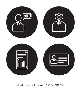 4 linear vector icon set : Businessman analysis, Business plan, Business skills isolated on black background, Businessman analysis, Business plan, Business skills outline icons