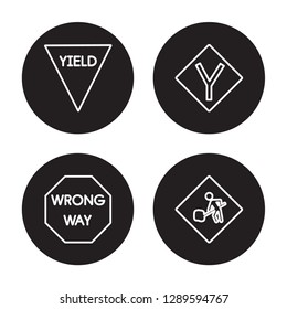4 linear vector icon set : Yield, Wrong Way, Y intersection, Working isolated on black background, Yield, Wrong Way, Y intersection, Working outline icons