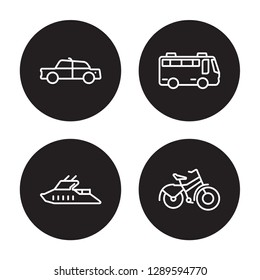 4 linear vector icon set : Cab, Boat, Bus, Bike isolated on black background, Cab, Boat, Bus, Bike outline icons