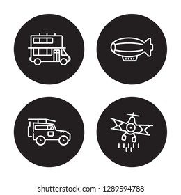 4 linear vector icon set : dugout canoe, dirigible, Double decker bus, Cruiser isolated on black background, dugout canoe, dirigible, Double decker bus, Cruiser outline icons