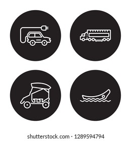 4 linear vector icon set : Excavators, eighteen-wheeler, Electric car isolated on black background, Excavators, eighteen-wheeler, Electric car outline icons