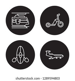 4 linear vector icon set : Limousine, Kick scooter, light rail, Kayak isolated on black background, Limousine, Kick scooter, light rail, Kayak outline icons