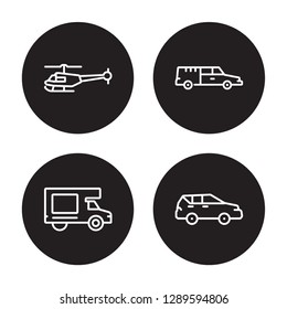 4 linear vector icon set : Hot air balloon, hearse, Helicopter, haul isolated on black background, Hot air balloon, hearse, Helicopter, haul outline icons