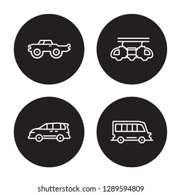 4 linear vector icon set : Motorbike, Monorail, Monster truck, minivan isolated on black background, Motorbike, Monorail, Monster truck, minivan outline icons